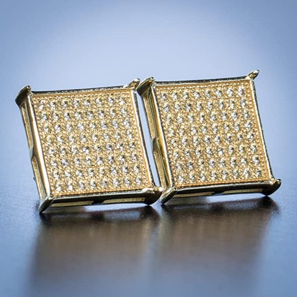 2ct Diamond Mens 18K Gold Square Earrings Guys Big Large 2 ct 18 Style Screw On - Picture 1 of 7